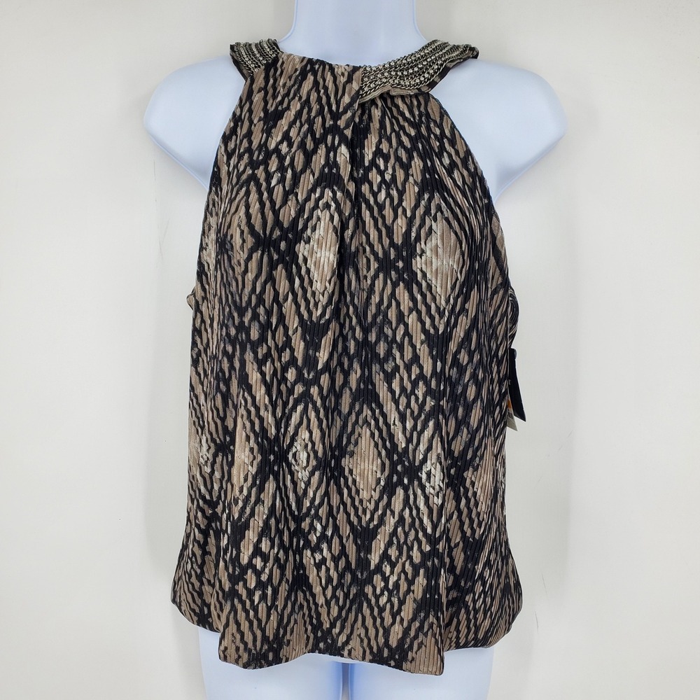 NWT Alfani Petite Halter Top Tan Black Geometric Embellished Neck Blouse‎ Formal